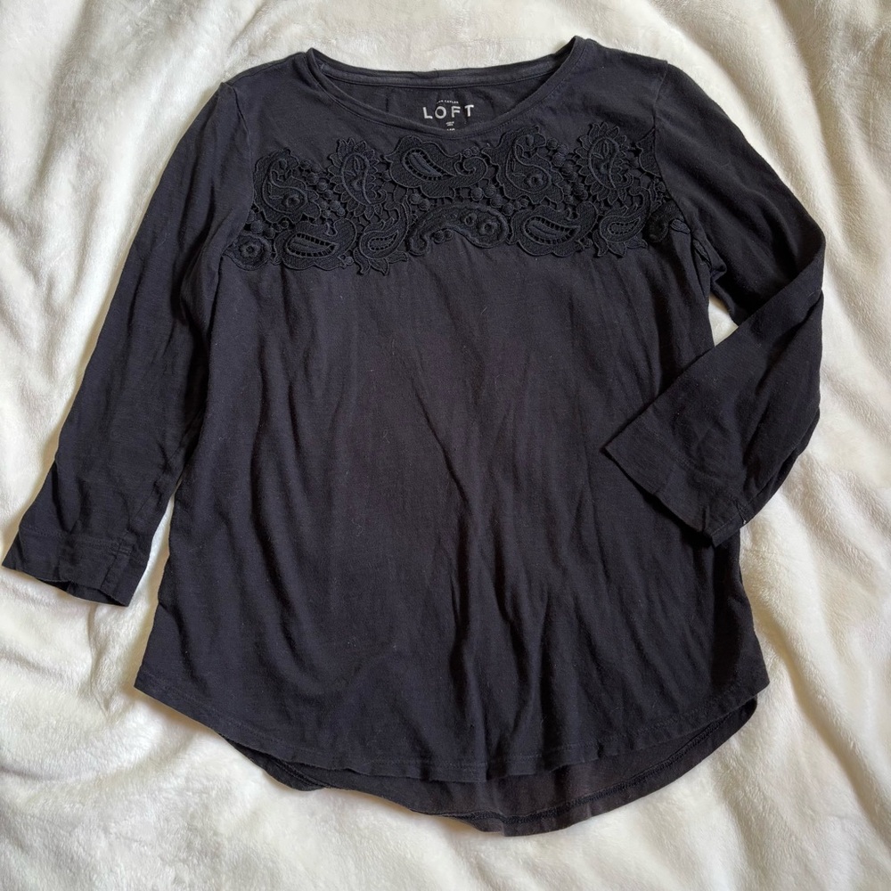 LOFT Black Embroidered Top Size XS